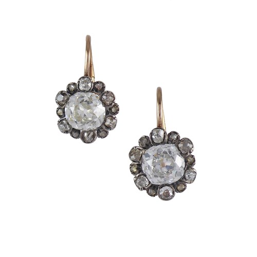 Pair of 19th century cushion diamond cluster earrings, French c.1890, set landscape with a principal cushion cut diamond of approximately 1.15ct each,